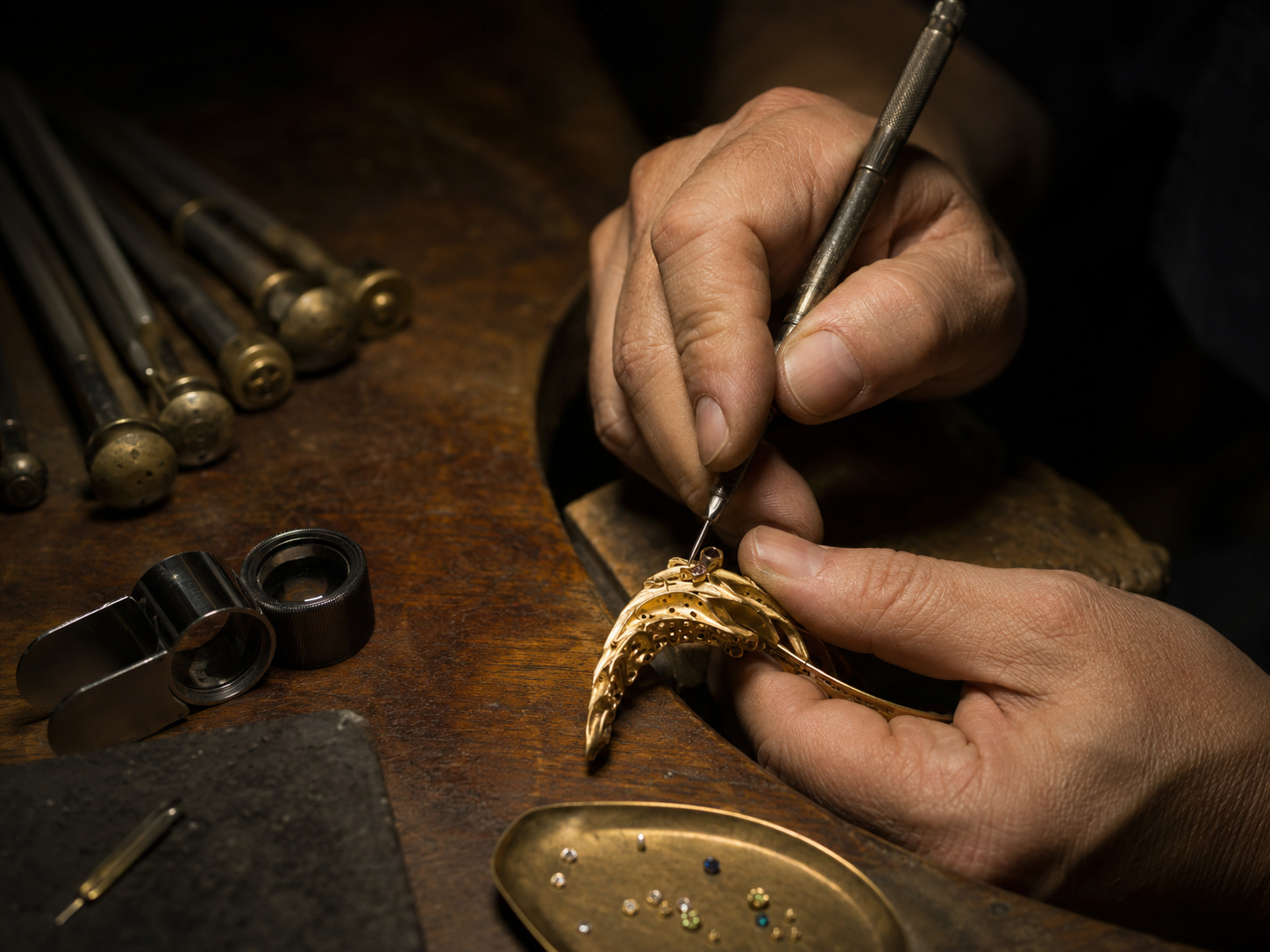 Anonymous jeweller setting stones by hand at a traditional wooden workbench
