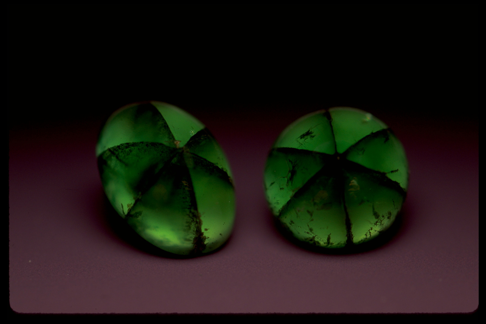 Real museum photograph of two green trapiche emerald cabochons showing dark radial growth patterns