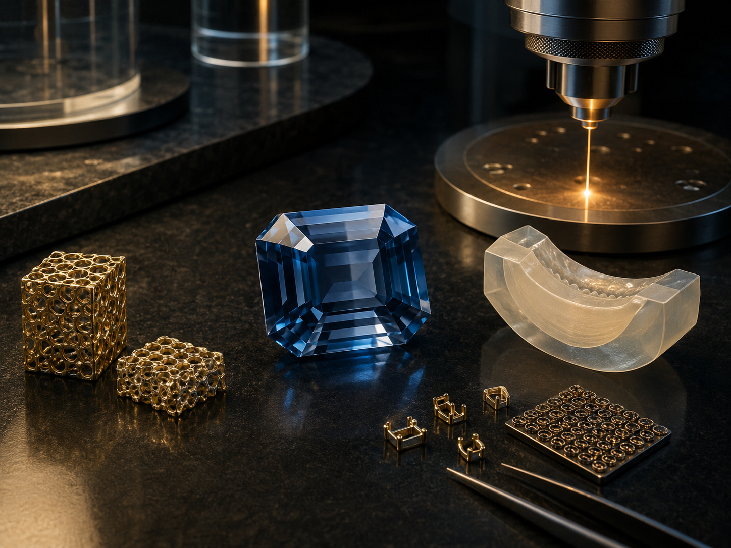 Conceptual jewellery research still life with a blue crystal, gold lattice samples and precision laser equipment