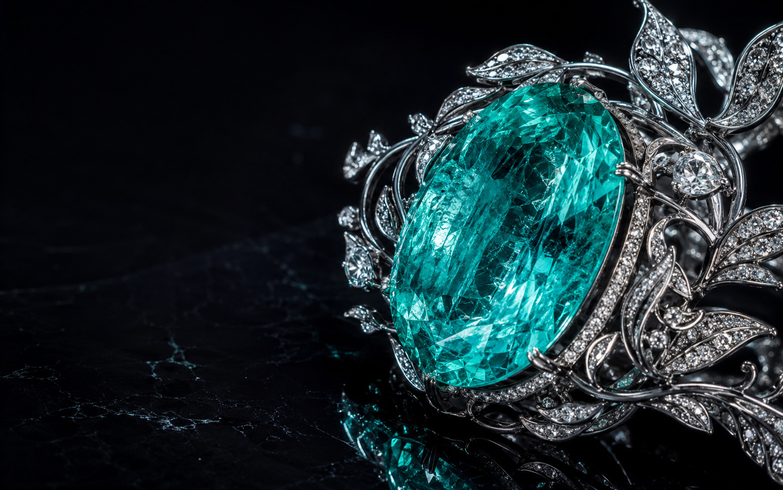 Original fictional high-jewellery object with a vivid blue-green tourmaline and platinum botanical setting